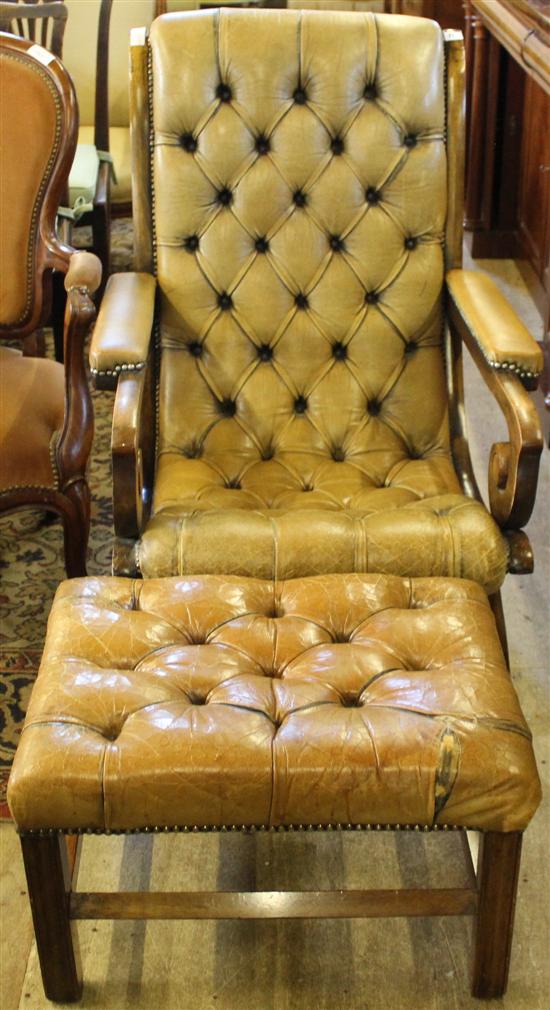 Leather button back chair & foot stool